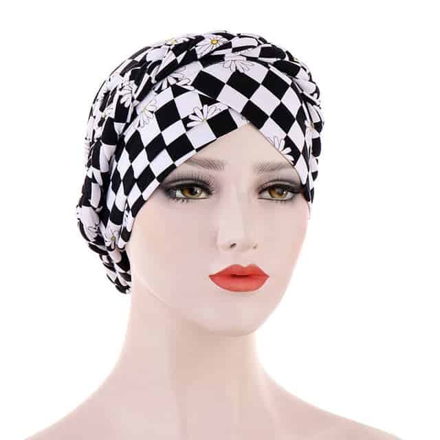 Moderní Dámský Turban Šátek Na Vlasy Chemo Černá Bílá Kostkovaná